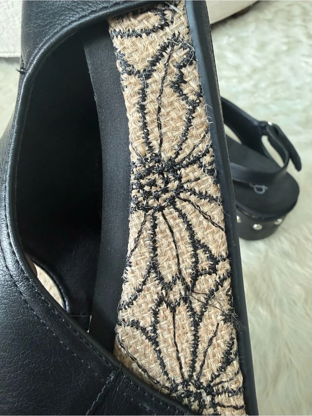 Corkys Black Leather Slingback Wedge Sandals with Embroidered Cork Platform